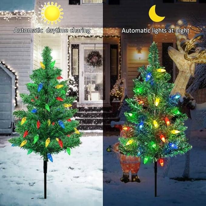Upgraded 4-Pack Solar Xmas Tree Stake Lights – Waterproof Outdoor Pathway Decor for Garden, Patio, Yard