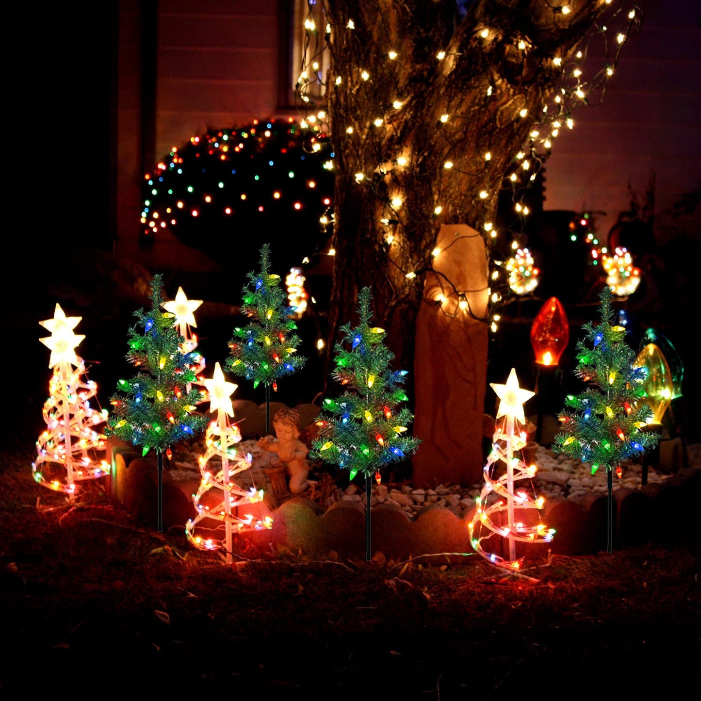 Upgraded 4-Pack Solar Xmas Tree Stake Lights – Waterproof Outdoor Pathway Decor for Garden, Patio, Yard