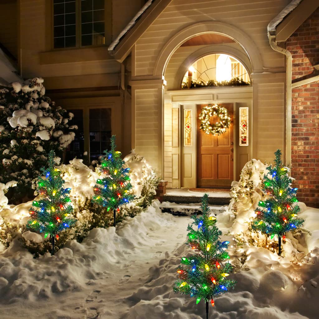 Upgraded 4-Pack Solar Xmas Tree Stake Lights – Waterproof Outdoor Pathway Decor for Garden, Patio, Yard